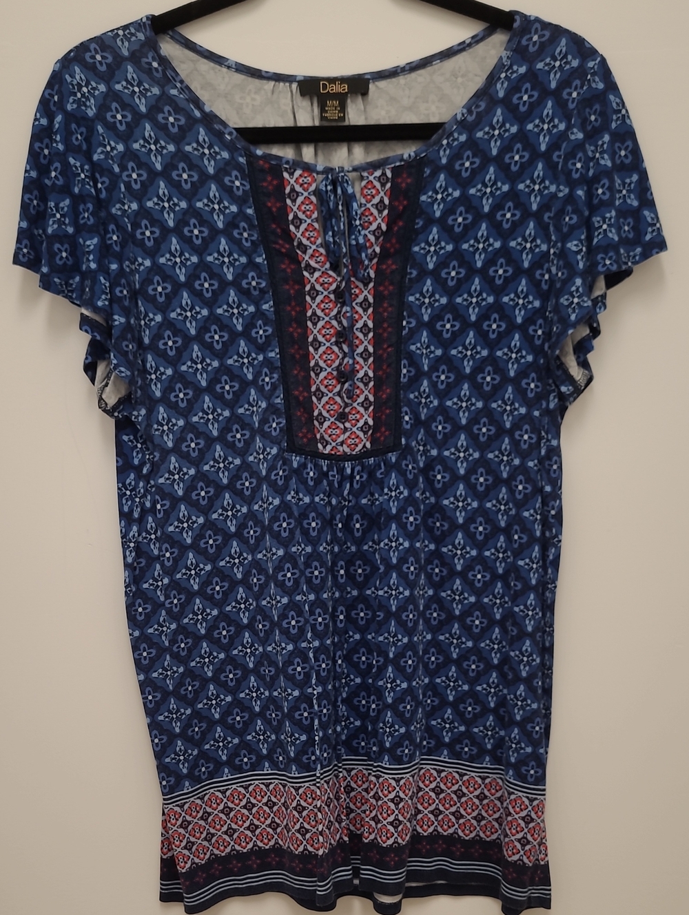 Dalia Navy and Red Patterned Short Sleeve Tunic Top